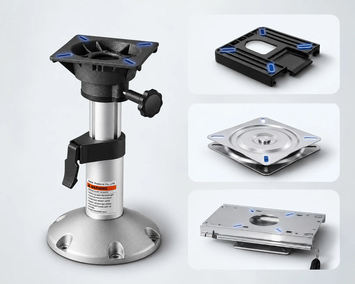 Silver boat seat pedestal displayed with slider, swivel, and quick-release base components.