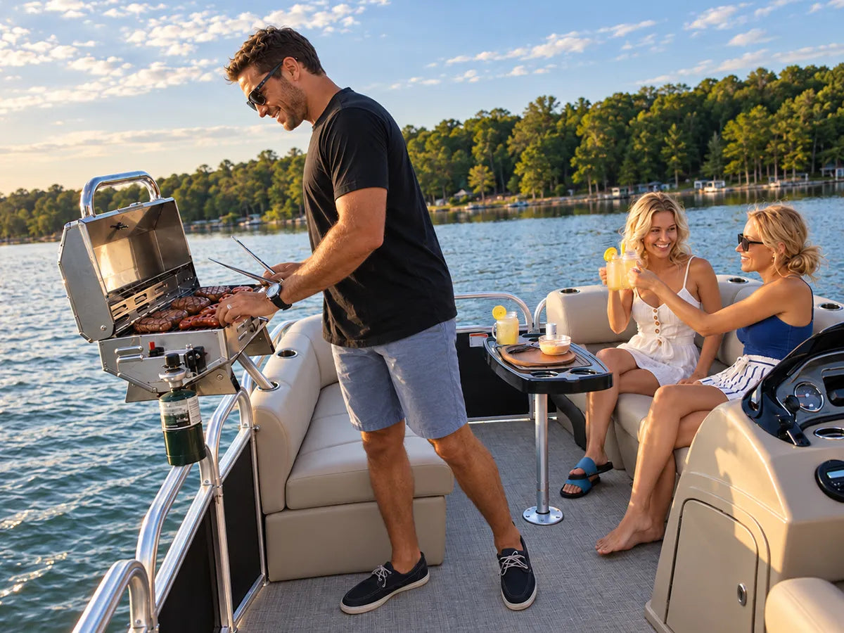 Three people relaxing on a pontoon boat while preparing food at a grill on a calm lake.