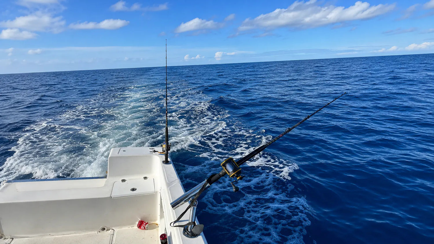 Customer boat with fishing rods secured in rod holders while trolling offshore