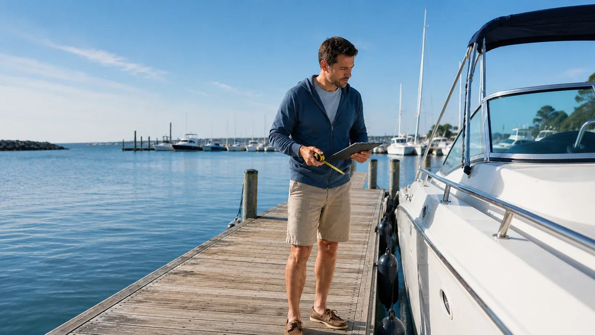 Boat owner reviewing measurements on a clipboard beside a recreational boat at a marina before ordering a replacement part.
