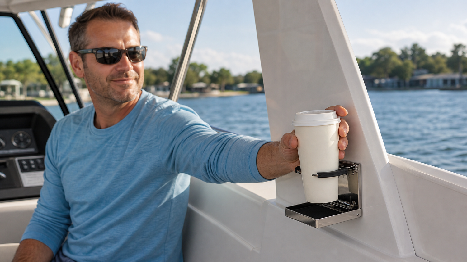 A Marinexplore boat cup holder installed within easy reach without blocking controls or walkways