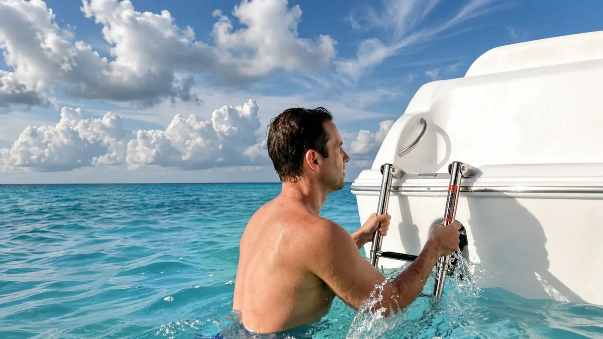 Man climbing a stainless steel boat ladder from turquoise ocean water onto a white boat.