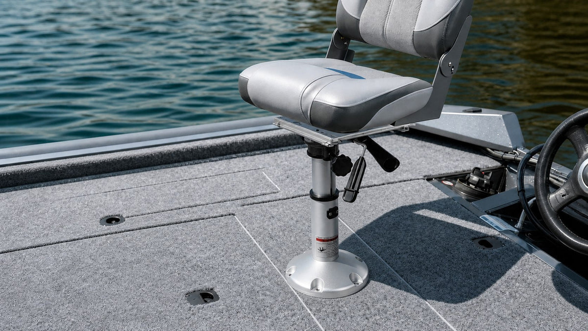 Marinexplore gas-lift boat seat pedestal with slide mount installed under a helm seat on a boat deck.