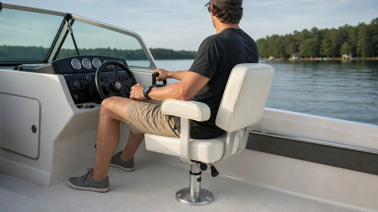 Boat helm with a pedestal seat, showing the finished seating position and control reach