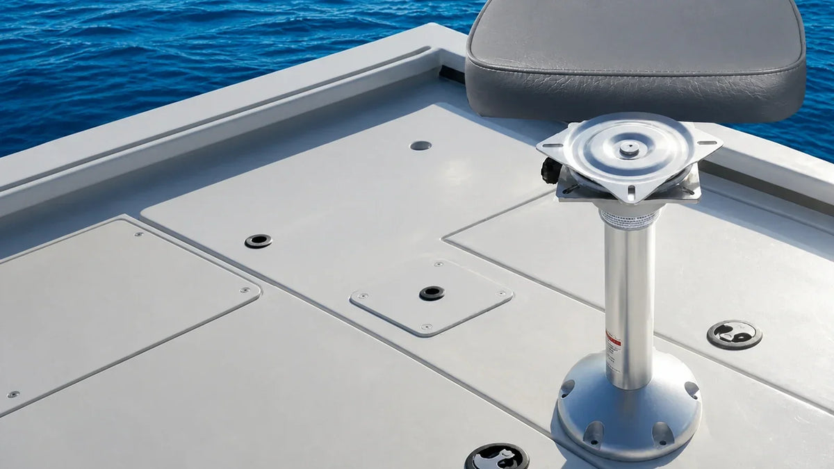 Boat seat swivel installed between a gray marine seat and pedestal on a fishing boat deck