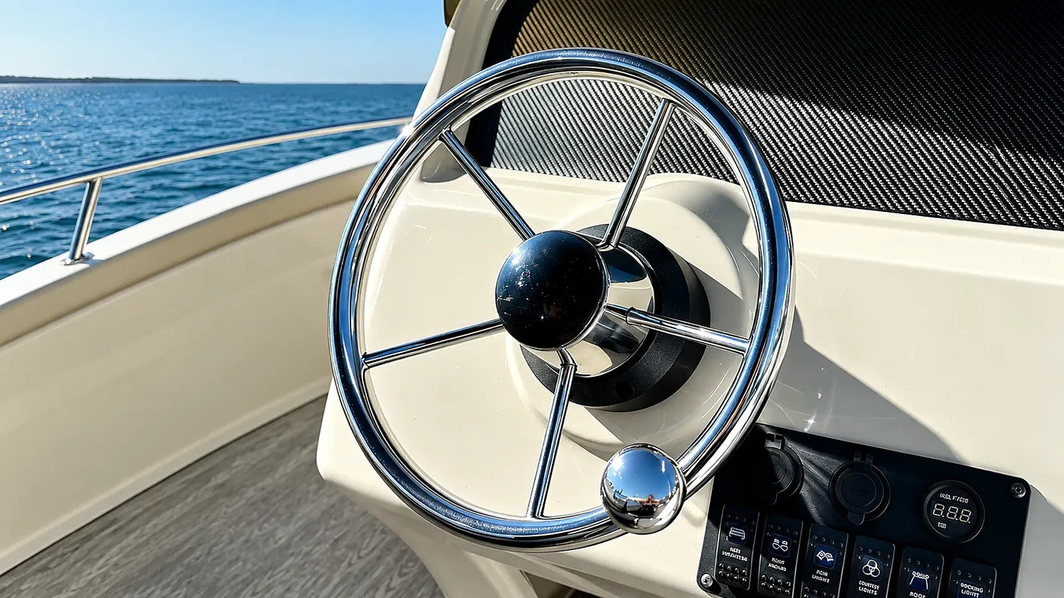 Stainless steel boat steering wheel with spinner knob mounted on a cream helm console beside the water.