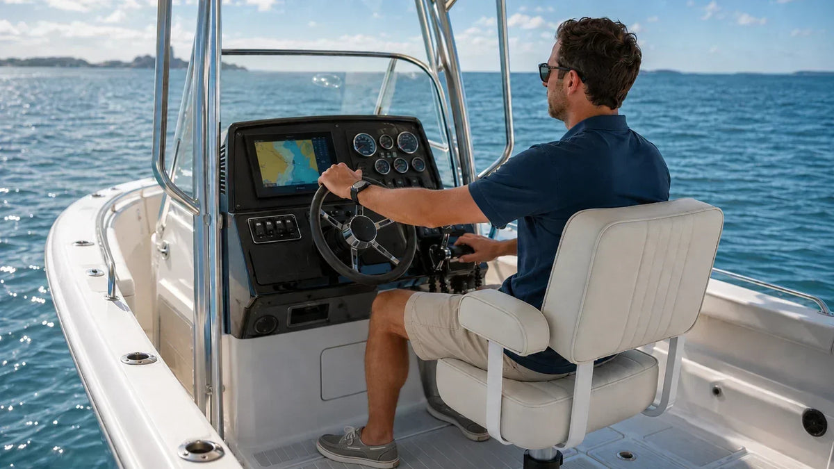 Man seated in a white captain’s boat seat, steering the boat with one hand and operating the throttle with the other.