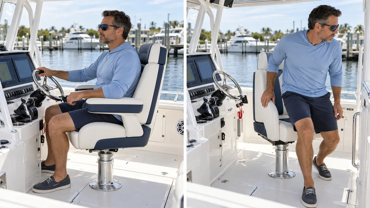 Boat captain’s chairs with and without armrests shown at a center-console helm.