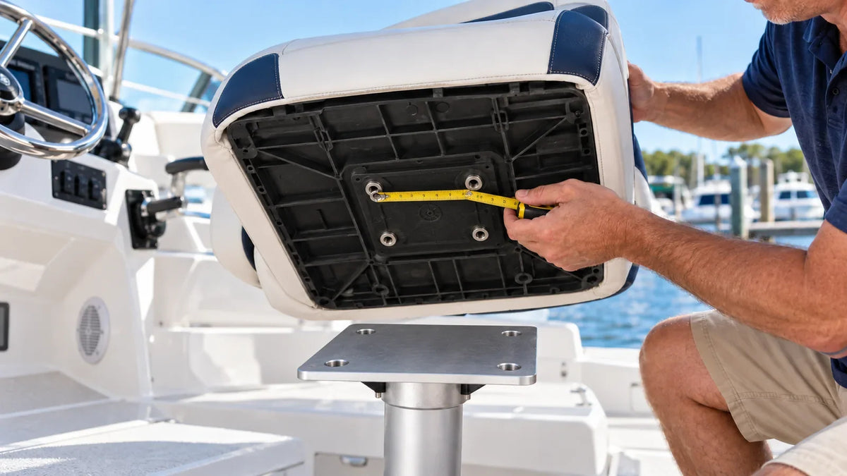 Boat owner measuring the mounting-hole spacing under a captain's chair above a pedestal top plate