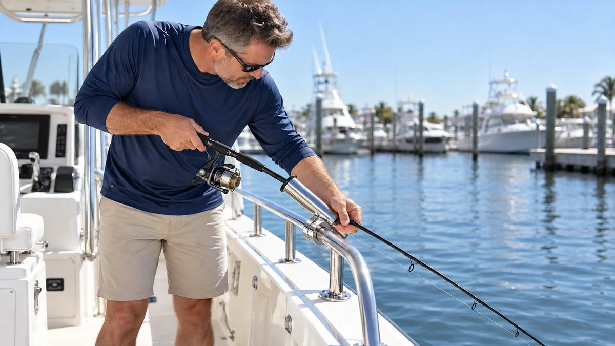 Boat owner checking a clamp-on rod holder that has rotated toward the water