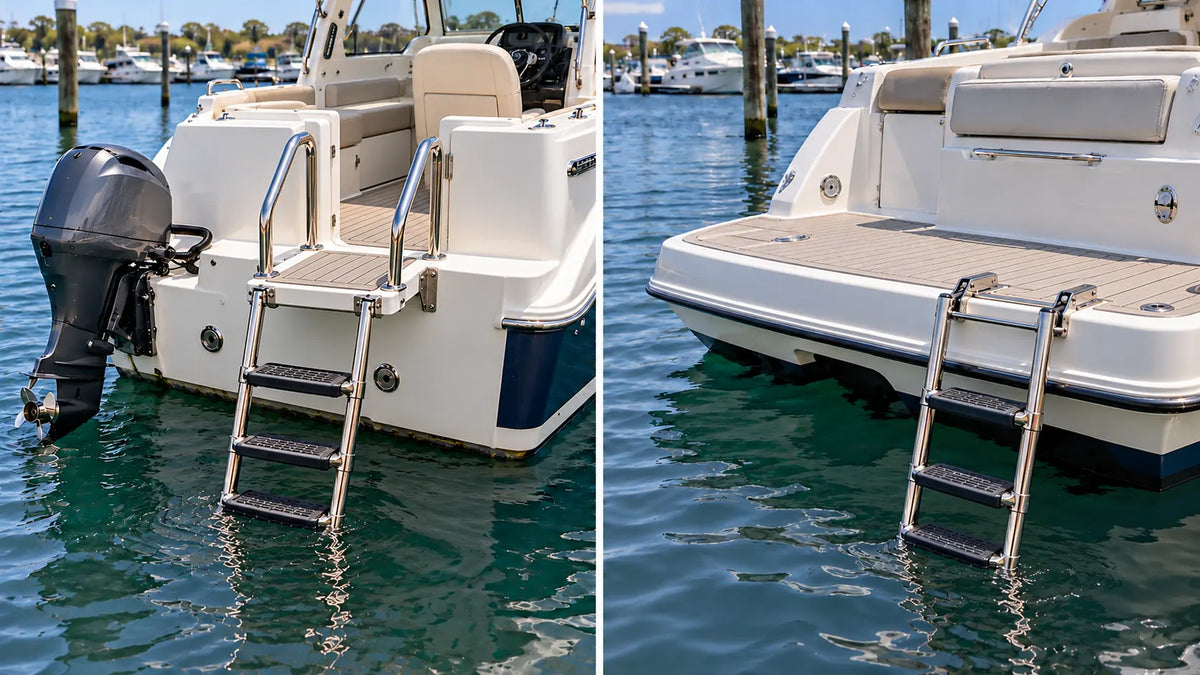 Boat ladder with an integrated swim platform compared with a standalone ladder mounted on an existing boat platform