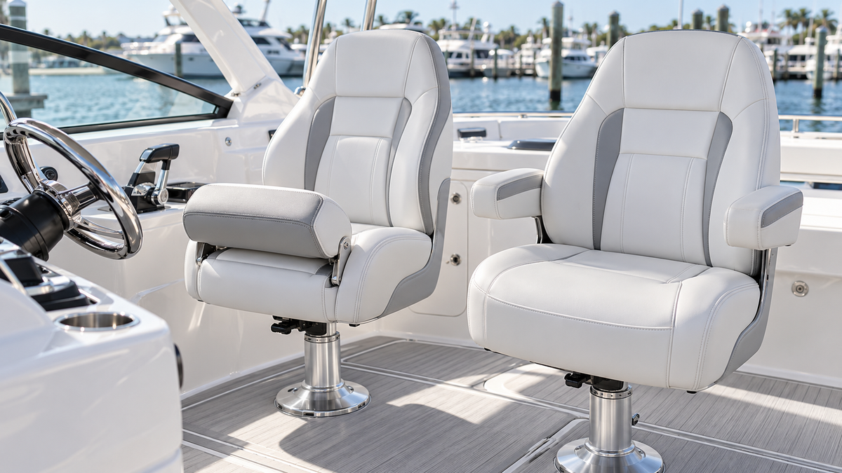 Flip-up bolster and fixed-cushion captain's chairs installed at a boat helm