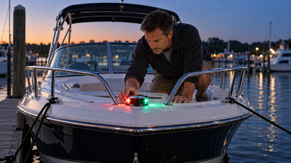 Boat owner checking a flickering bow navigation light at the dock