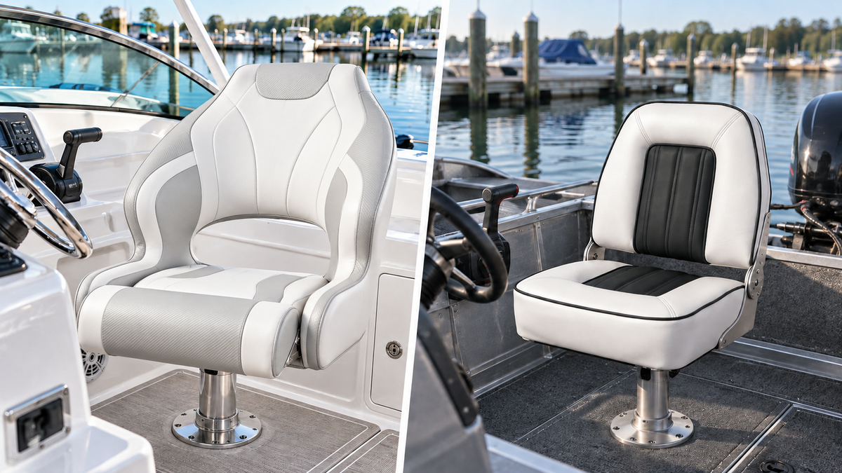 Captain’s chair at a powerboat helm compared with a compact folding helm seat on a small fishing boat