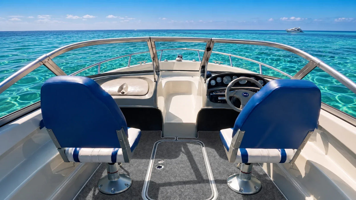 Two boat seats installed on adjustable gas lift pedestals in a yacht cockpit