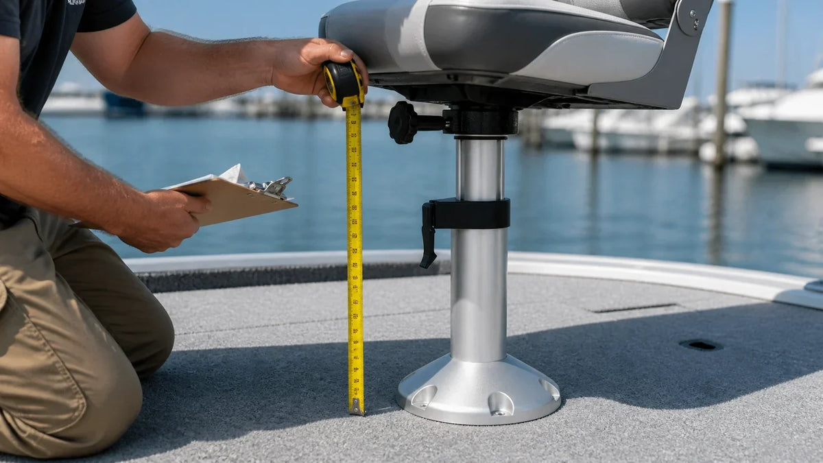 Boat owner measuring the height of an installed boat seat pedestal from the deck before ordering a replacement.
