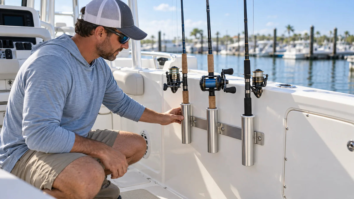 Angler checking a wall-mounted three-tube fishing rod rack installed inside a boat.