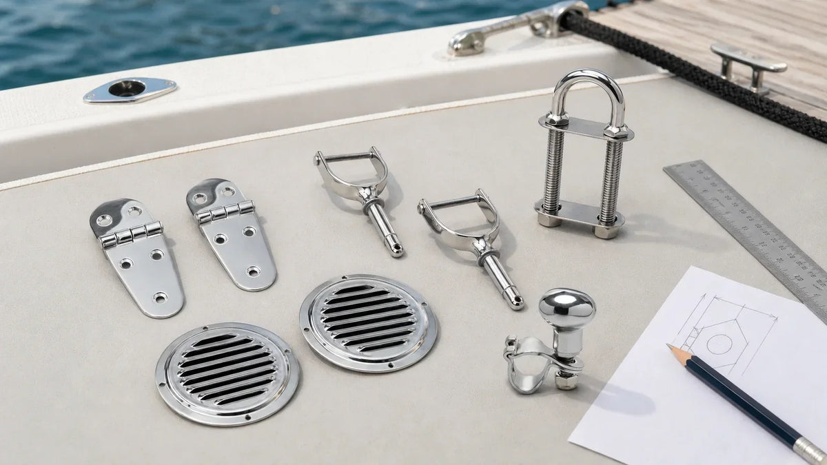 Marinexplore stainless steel replacement boat hardware arranged on a boat deck for size and compatibility comparison.