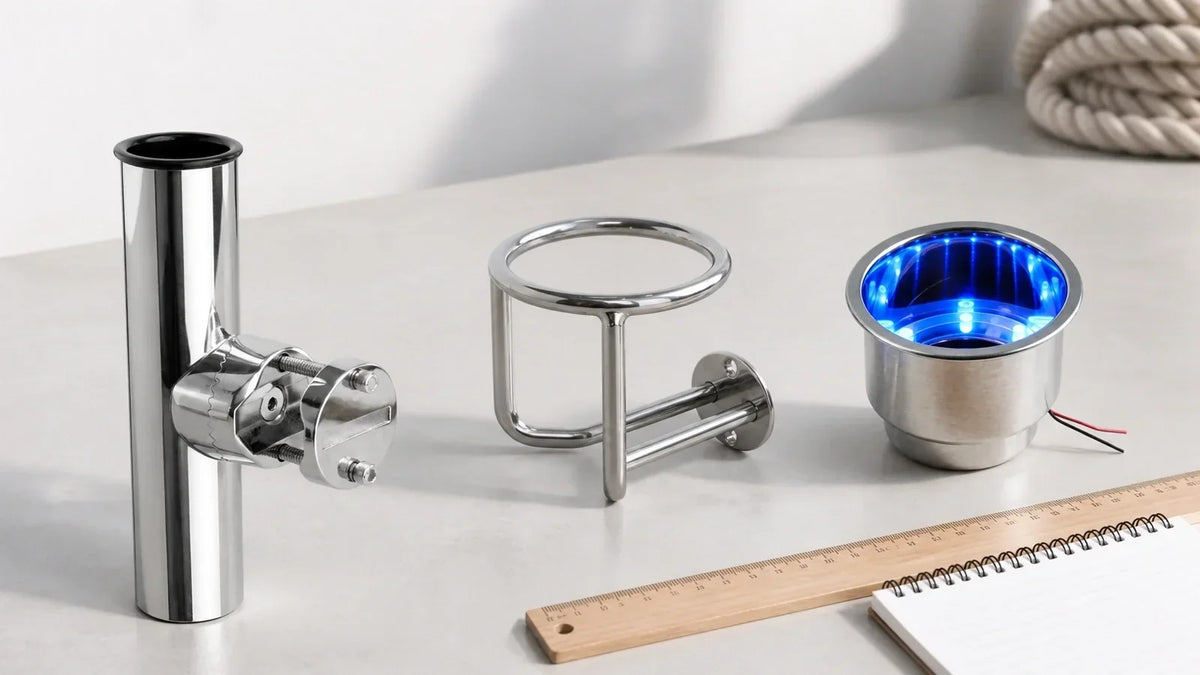 Boat accessories and basic measuring tools arranged for choosing a clamp-on, surface-mount or recessed mounting method.