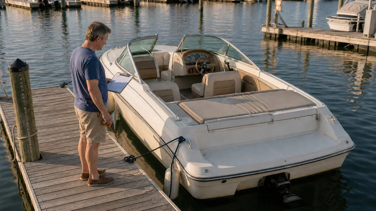 Boat owner reviewing an upgrade checklist beside an older recreational boat at a marina.