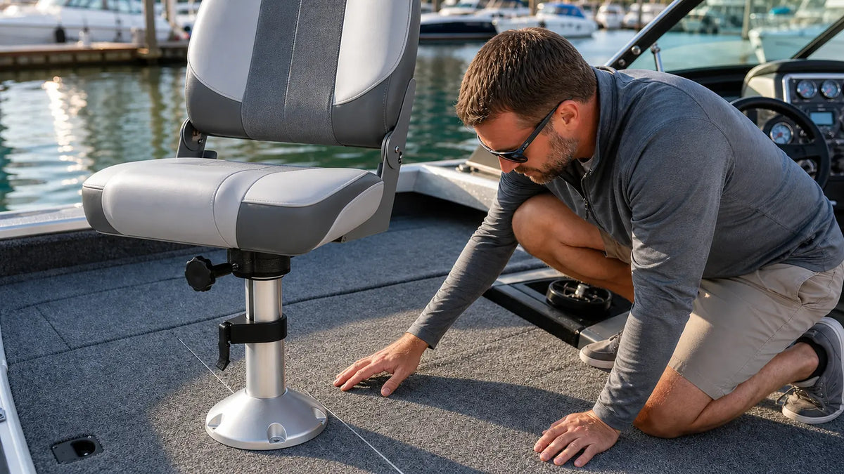 Boat owner visually inspecting an adjustable boat seat pedestal and deck mounting area