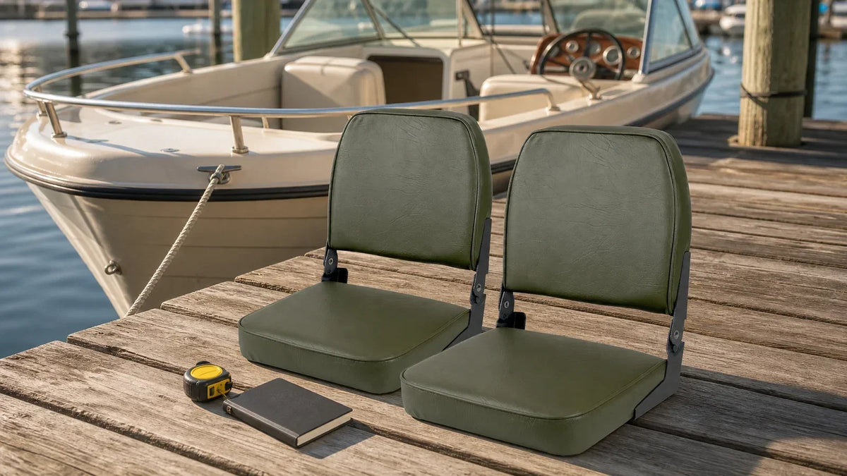 Two green folding boat seats prepared beside an older recreational boat for replacement planning.