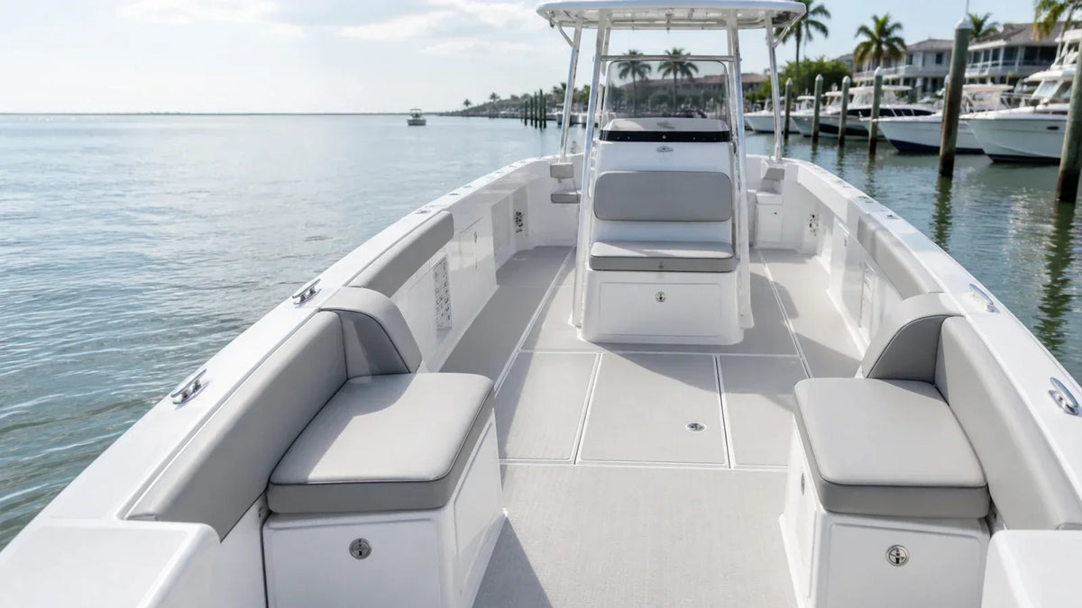 Finished small recreational fishing boat deck with a clear center walkway, tidy seating and storage.