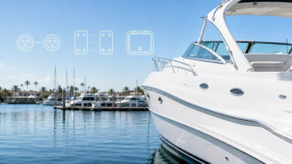 White boat at a marina with transparent compatibility icons for interface, mounting-hole pattern and clearance checks.