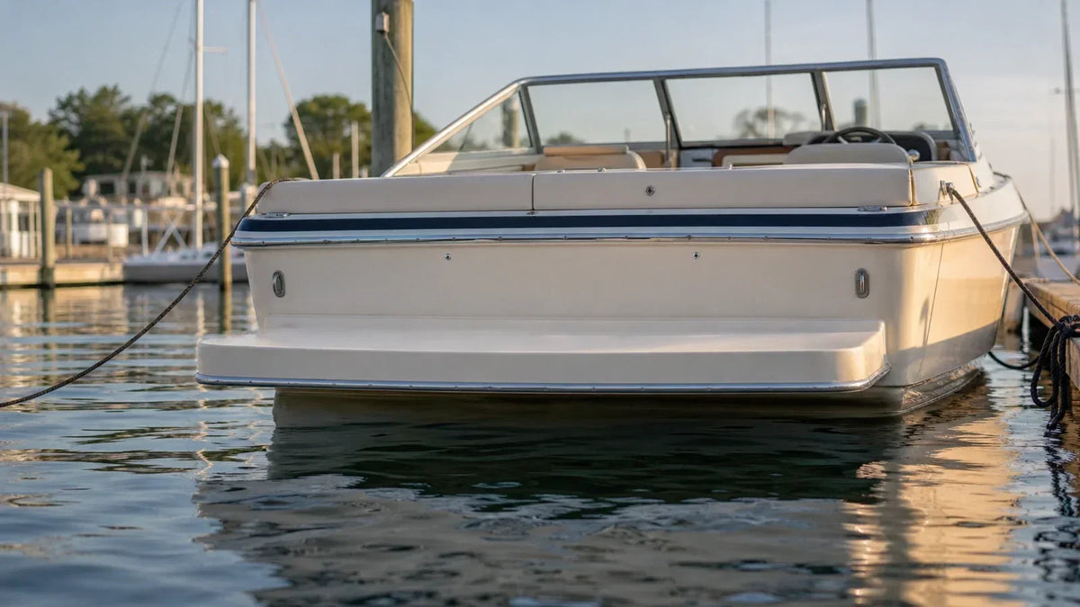 Low waterline view of an older recreational boat’s stern and swim platform at a marina.