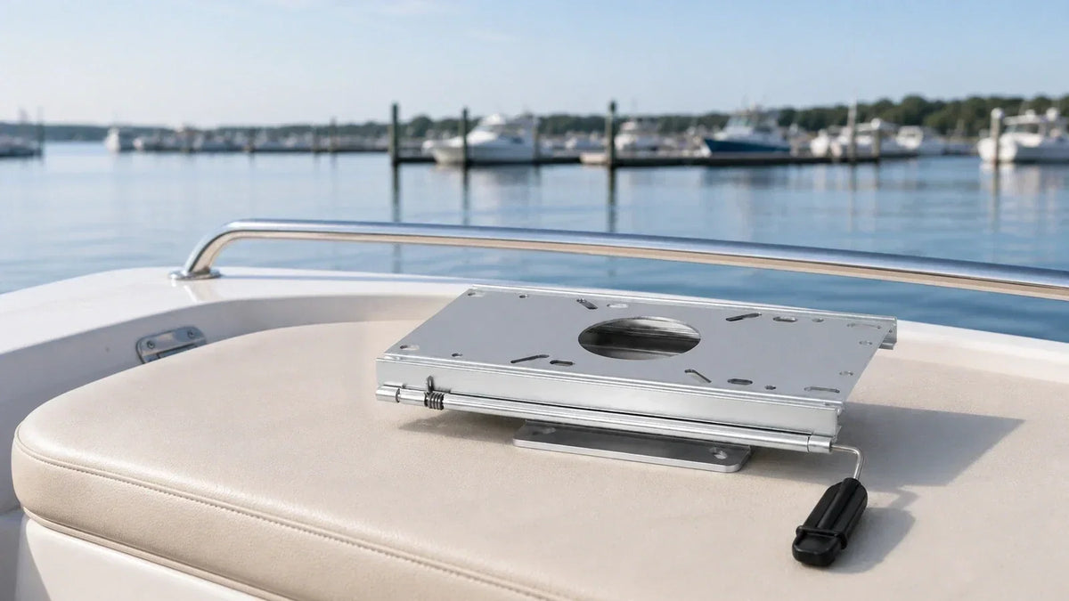 Marinexplore aluminum boat seat slider displayed on a clean boat surface at a marina before inspection.