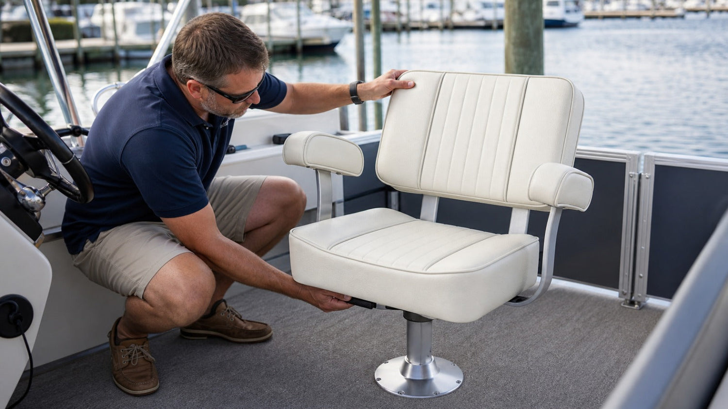 Boat owner checking a captain boat seat, pedestal, and base for the source of wobble.
