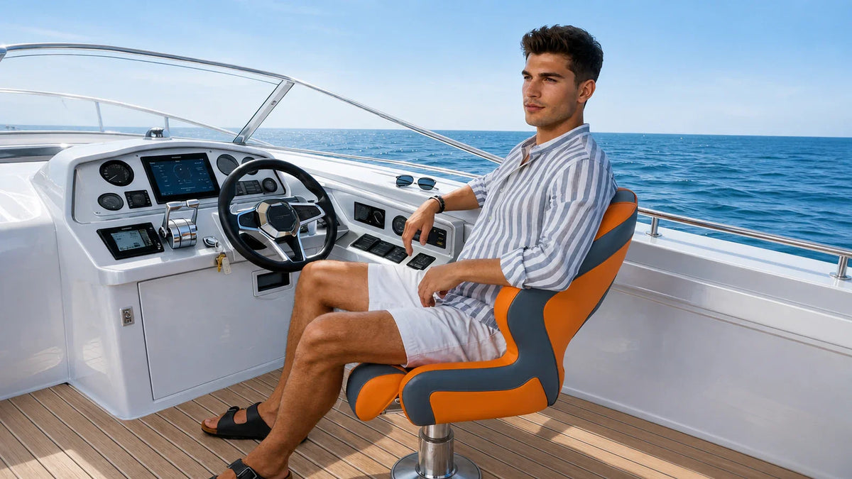 Boat captain seated comfortably in an orange and gray helm chair