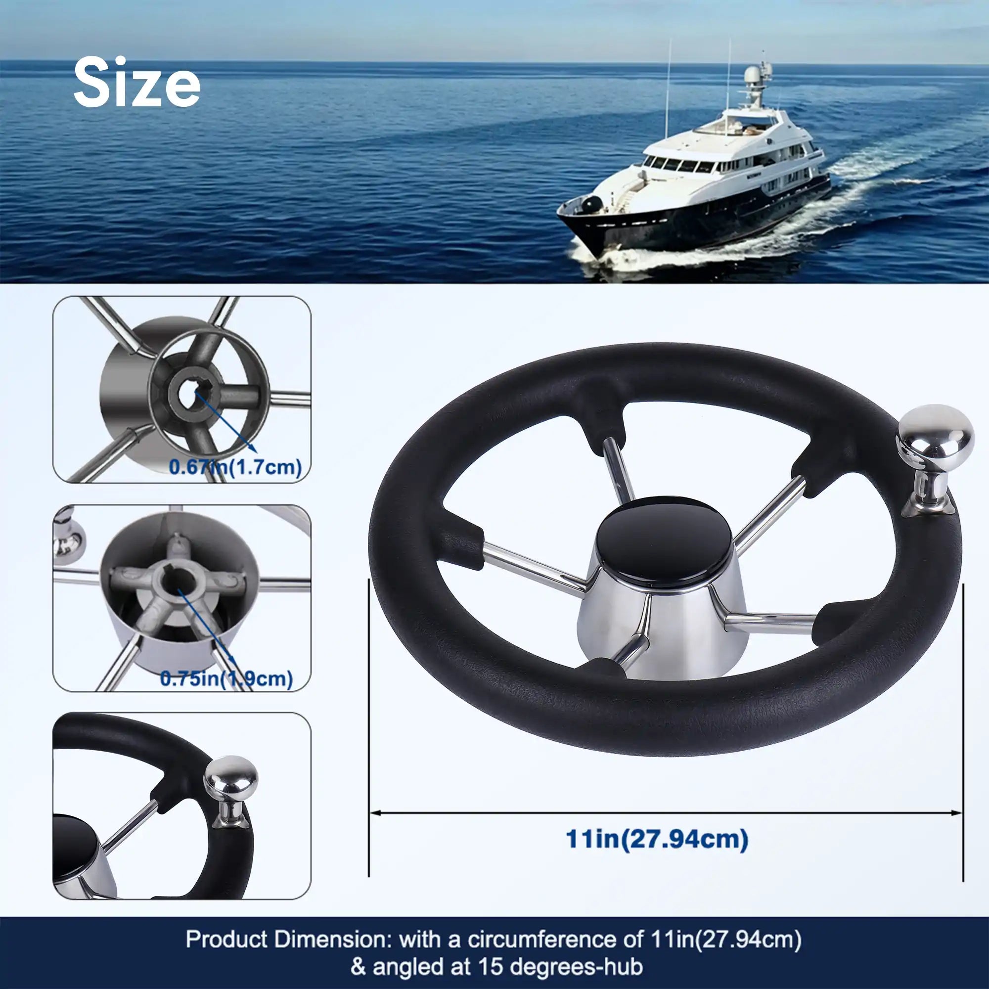 5-Spoke Boat Steering Wheel with Knob 11"