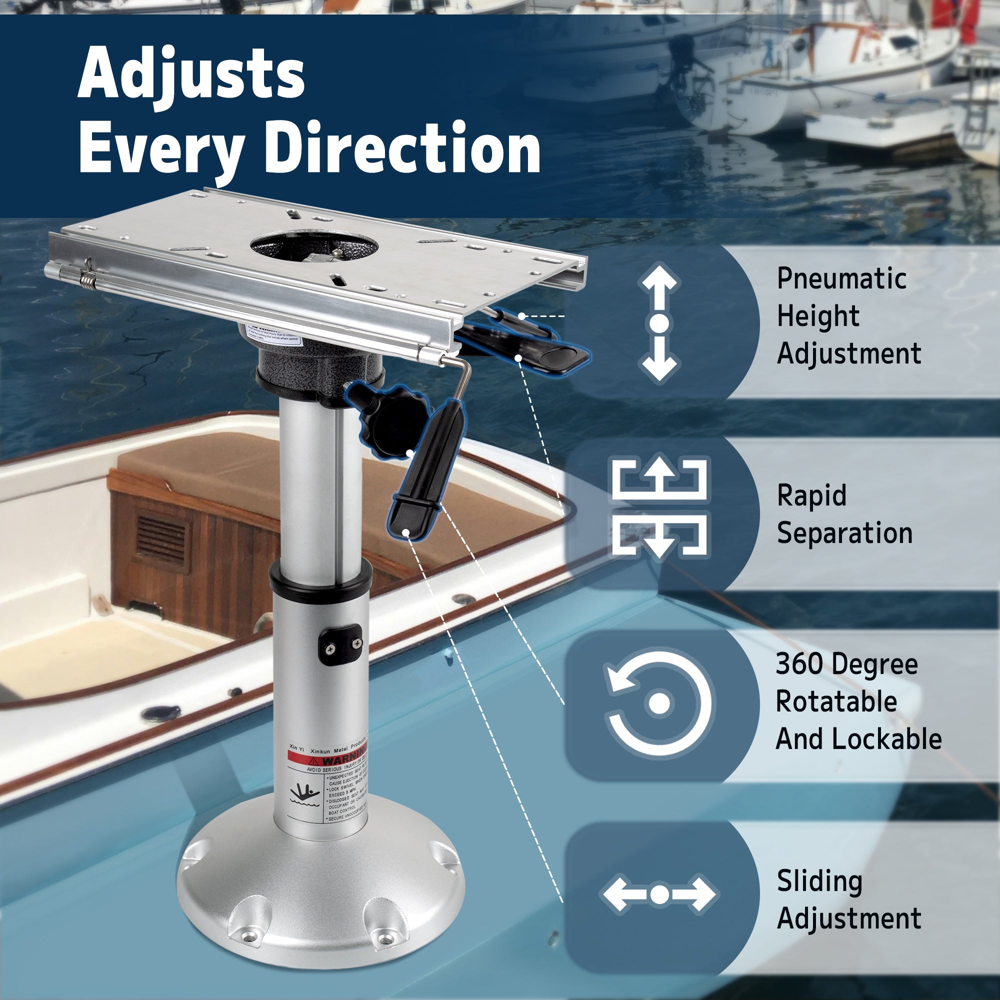 Gas Lift Boat Seat Pedestal with Slide Mount- 17 to 24 inch