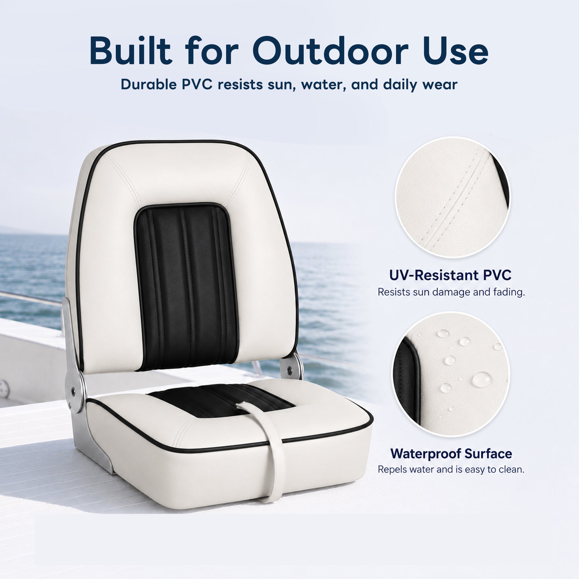 Fold-Down Fishing Boat Seat - White & Black