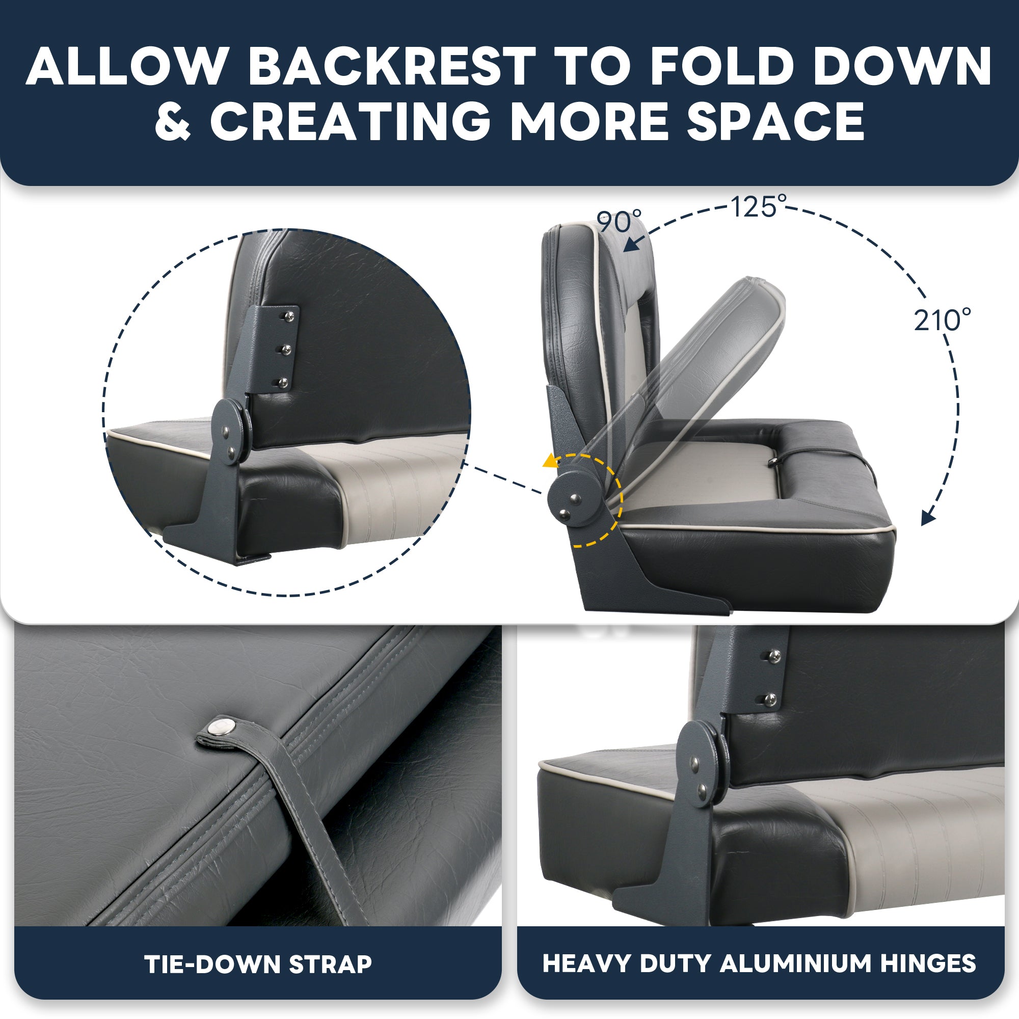 Boat Bench Seat- Double Folding Boat Seat- Gray