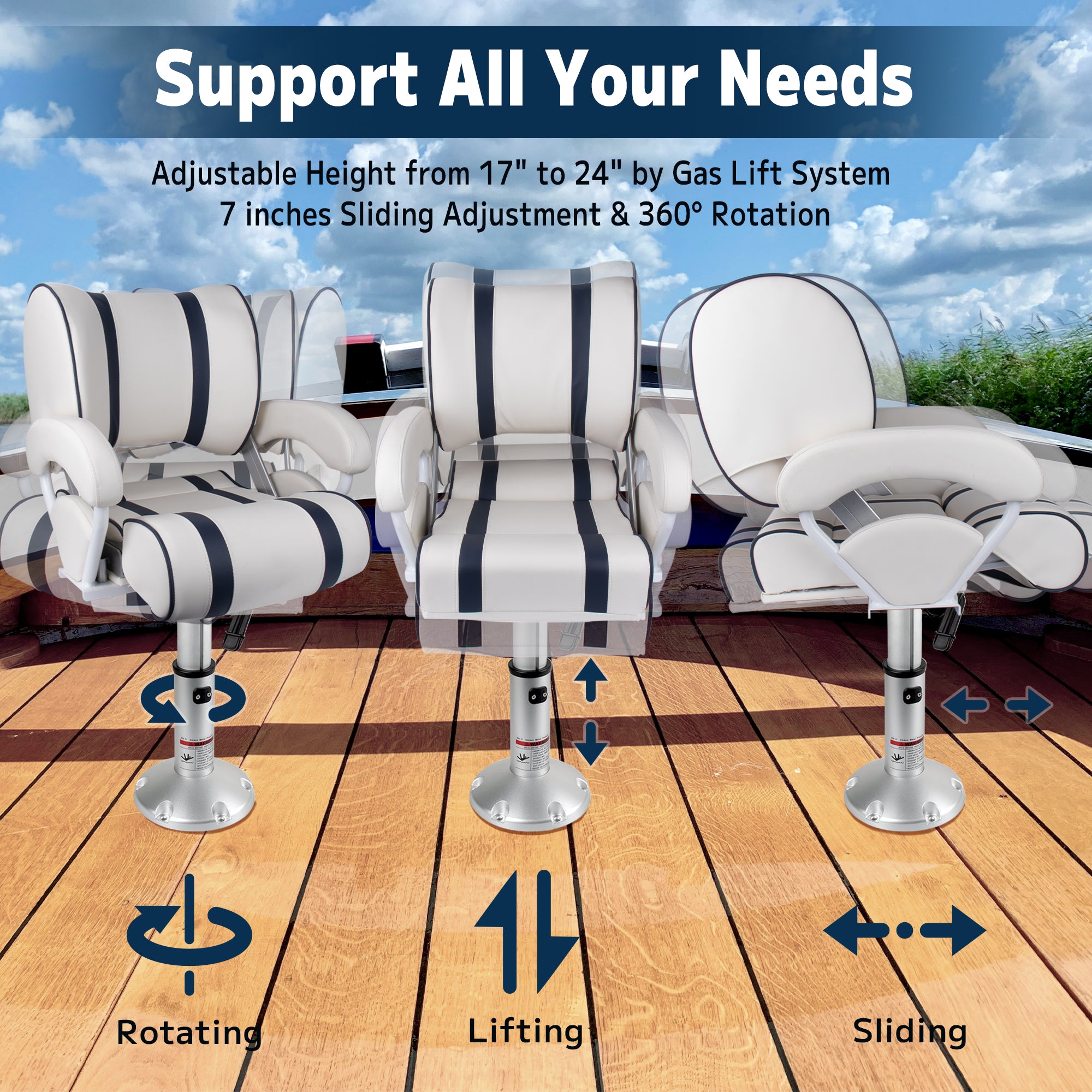 Gas Lift Boat Seat Pedestal with Slide Mount- 17 to 24 inch