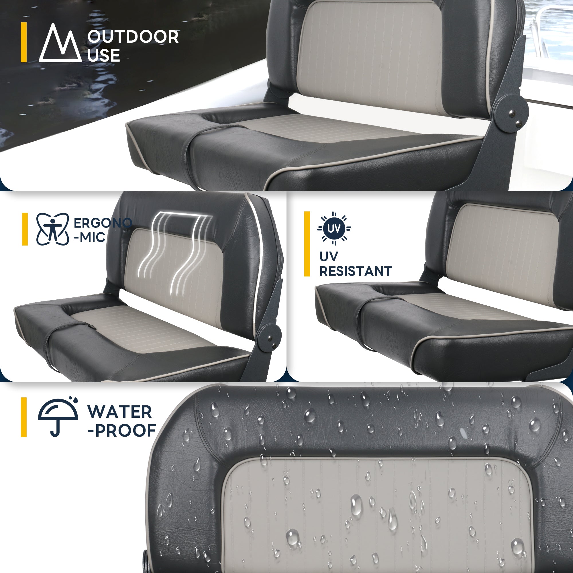 Boat Bench Seat- Double Folding Boat Seat- Gray
