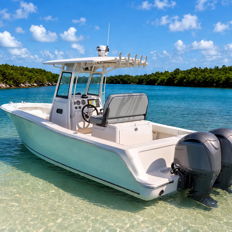 Center-console fishing boat with a white and gray bench seat viewed from the stern.