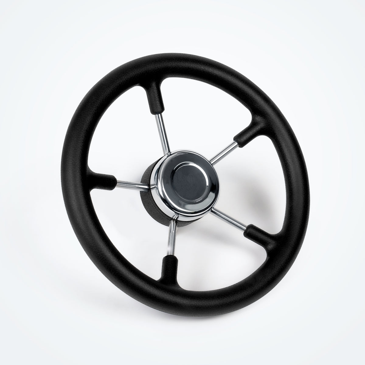 Marinexplore 13 inch black 5-spoke boat steering wheel with marine-grade stainless steel spokes and chrome center hub, product studio shot.