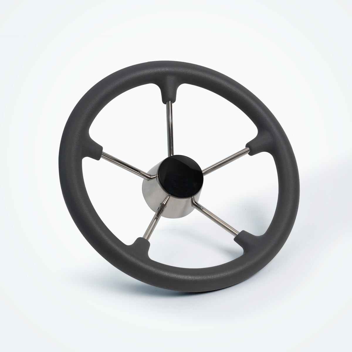 Marinexplore gray 5-spoke boat steering wheel with polished stainless steel spokes and black dome center cap, angled three-quarter studio view.