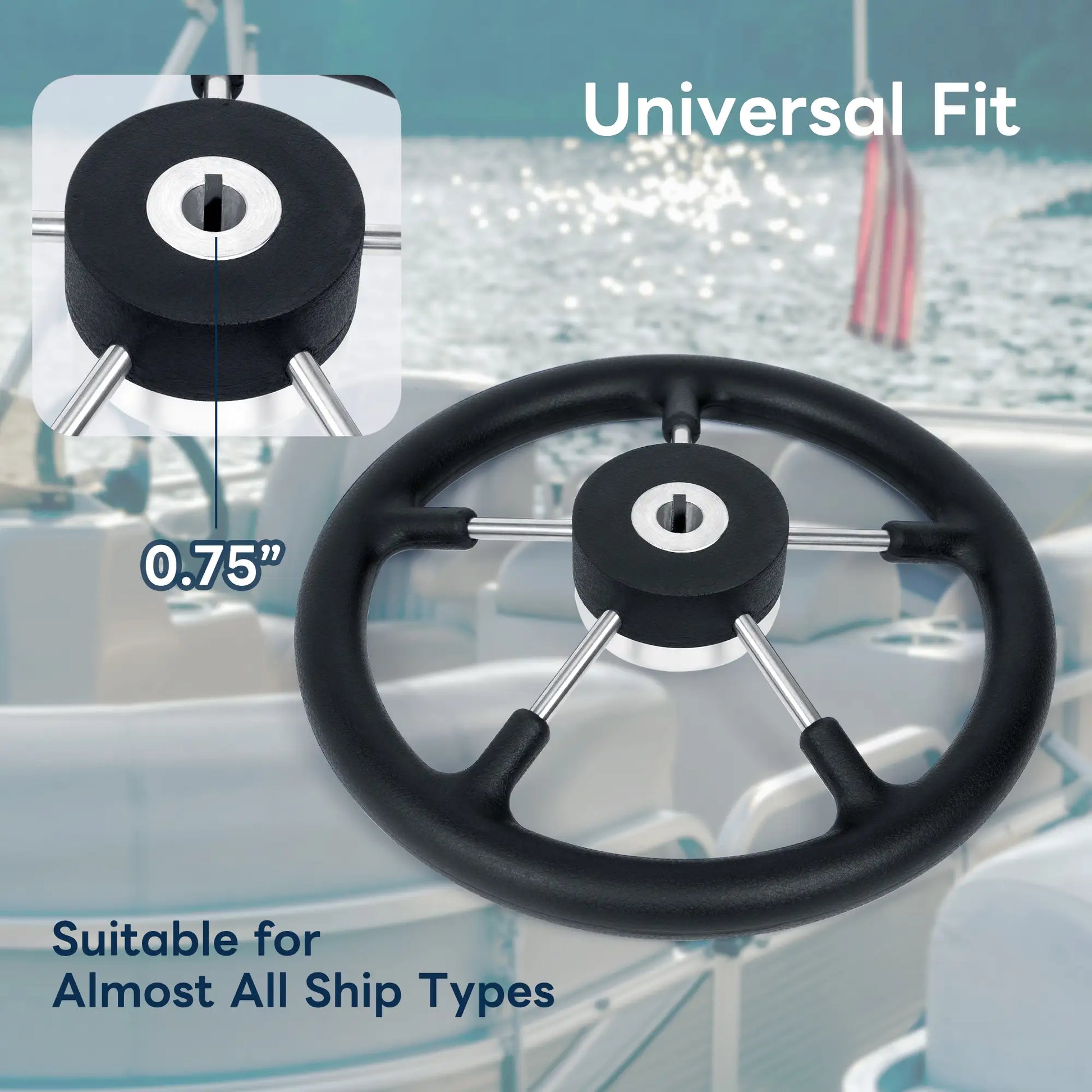 Marinexplore 13 inch marine steering wheel with 0.75 inch tapered shaft hub closeup, universal fit for pontoon boats yachts and most boat types.