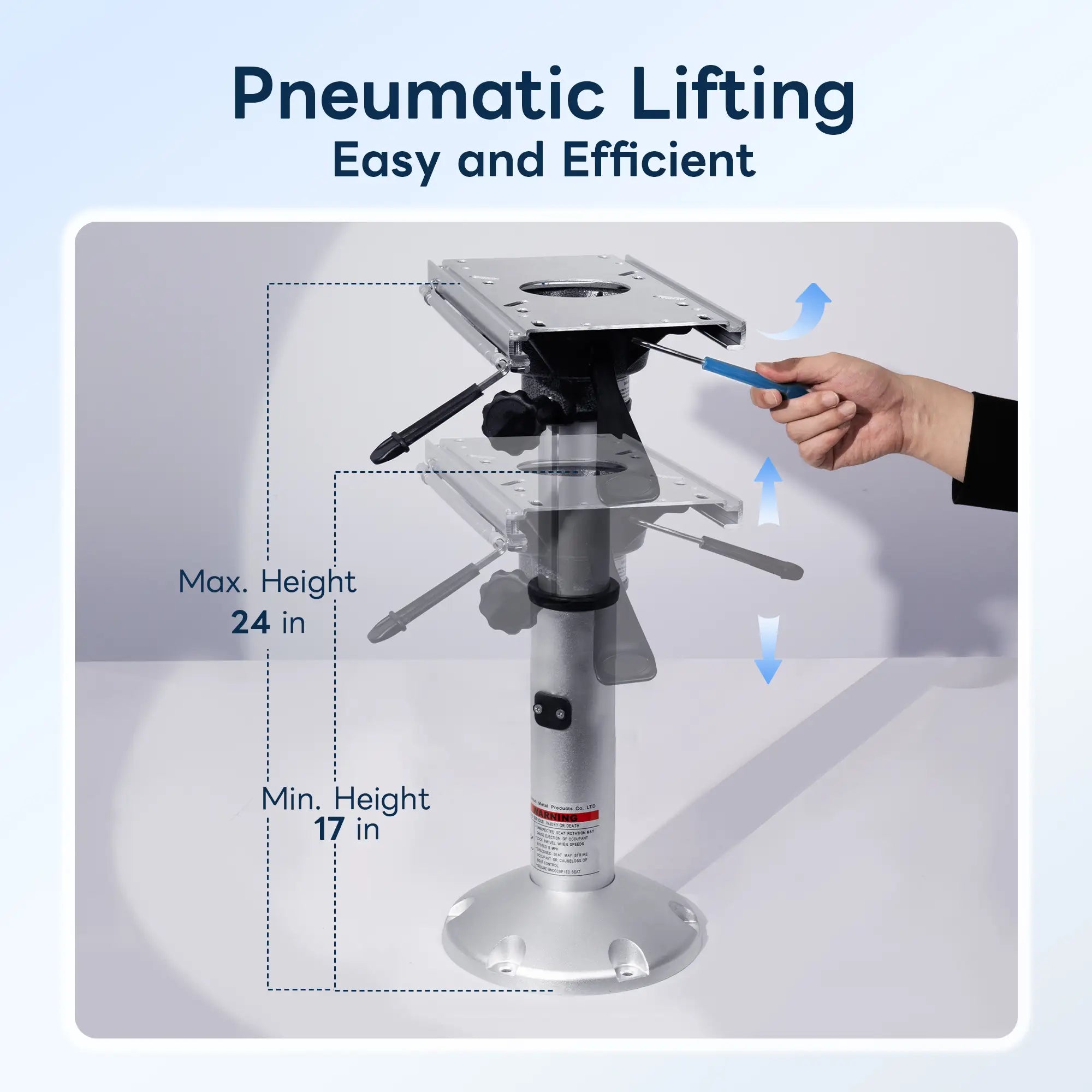 Diagram demonstrating the smooth pneumatic lifting operation adjusting the boat pedestal height from a minimum of 17 inches to a maximum of 24 inches.