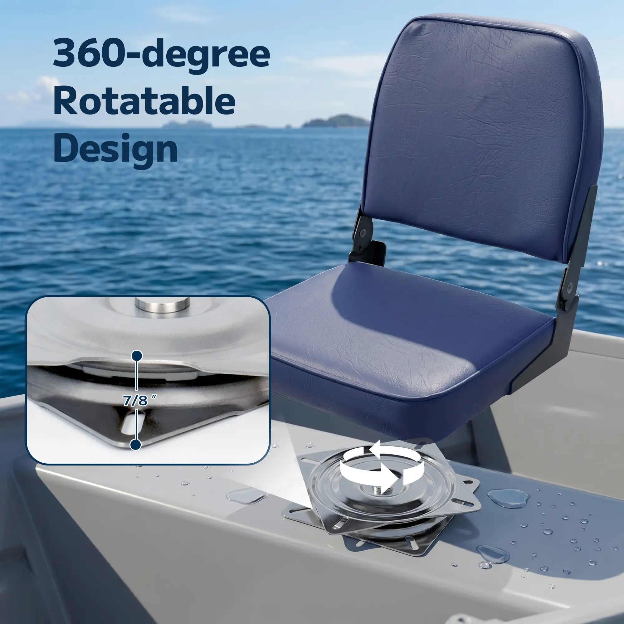 Close up of marinexplore 7/8 inch thick 360 degree rotatable boat seat swivel mount installed on a watercraft deck for smooth controlled rotation on the water.