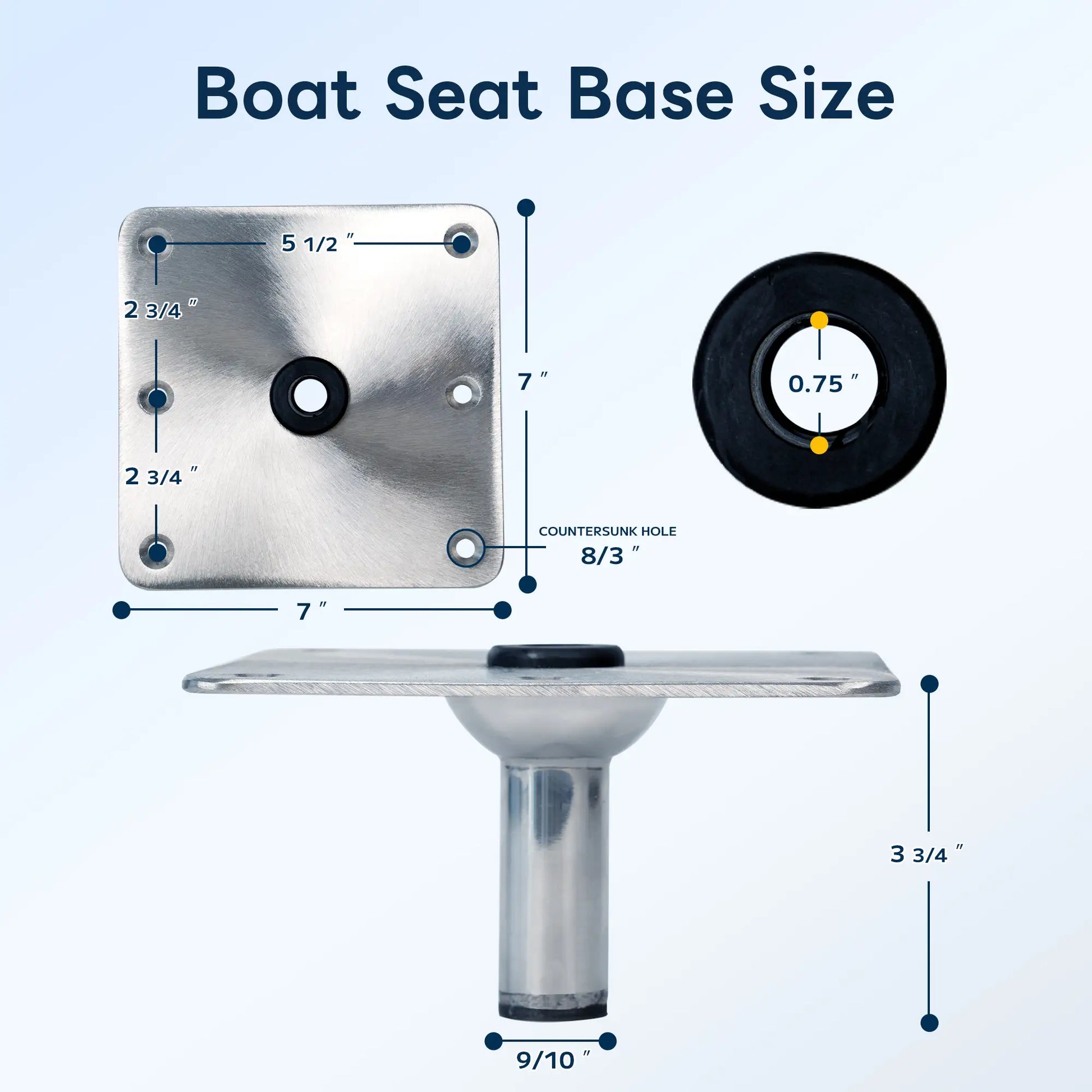Technical specification chart for marinexplore 7" x 7" boat seat base showing exact measurements of 2.75 inch hole spacing, 3.75 inch post depth, and 0.75 inch inner diameter.