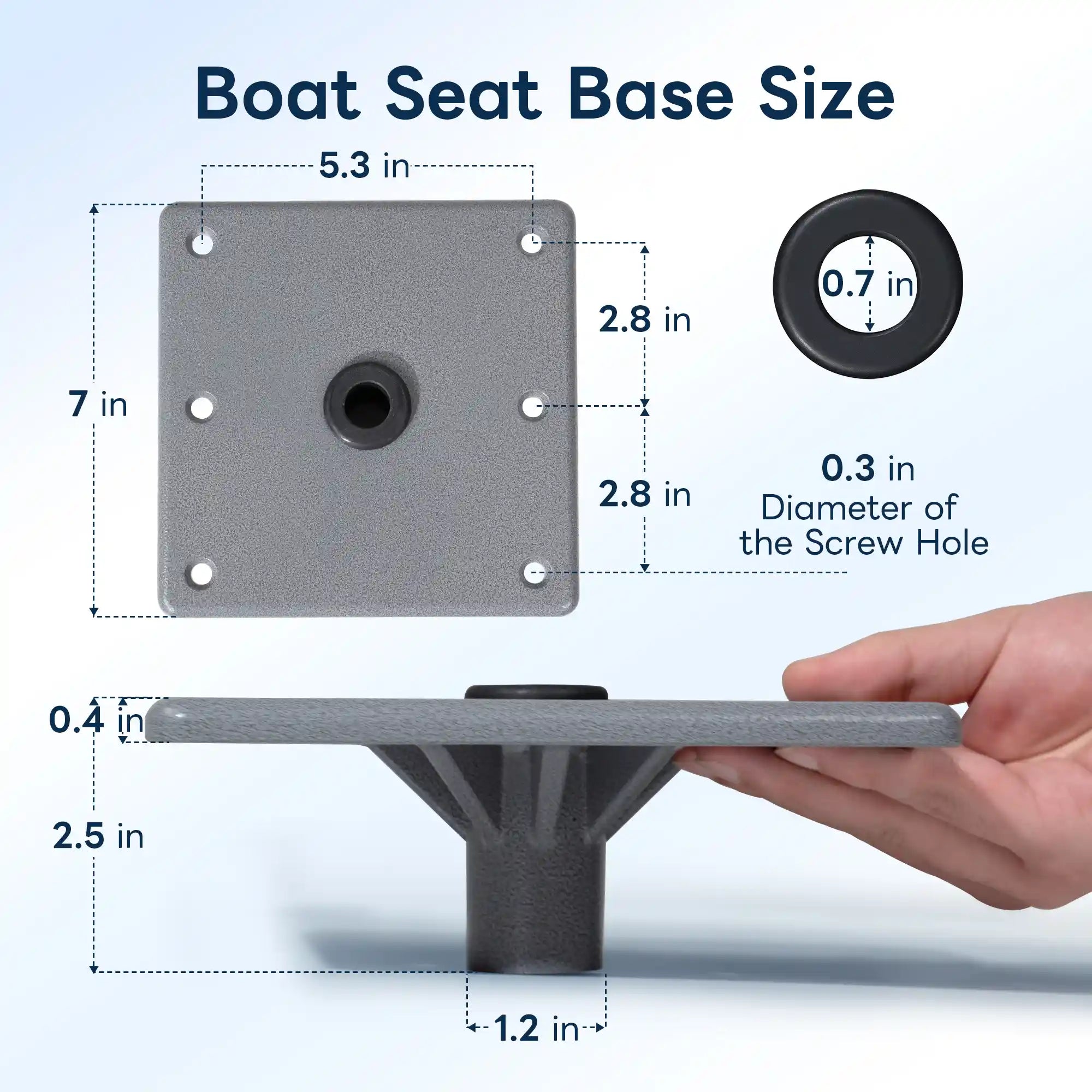 Technical drawing of marinexplore 7" x 7" boat seat mount plate with exact bolt hole spacing and standard 3/4 inch center opening dimensions.