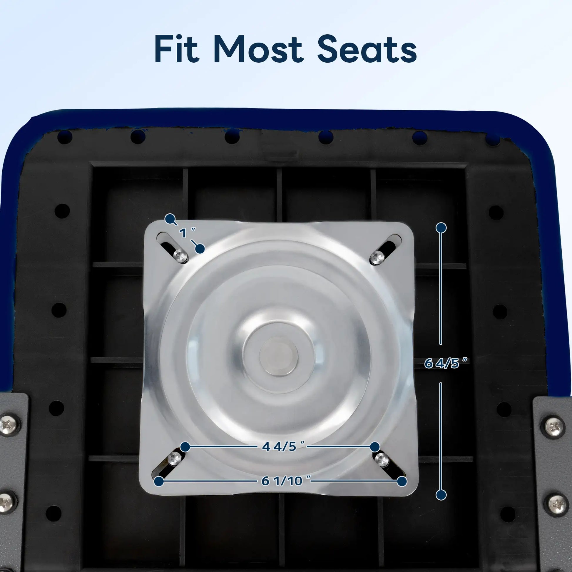 Technical dimension drawing of marinexplore boat seat swivel mount showing universal fit with adjustable bolt pattern from 4.75 inches to 6.1 inches on a seat bottom.