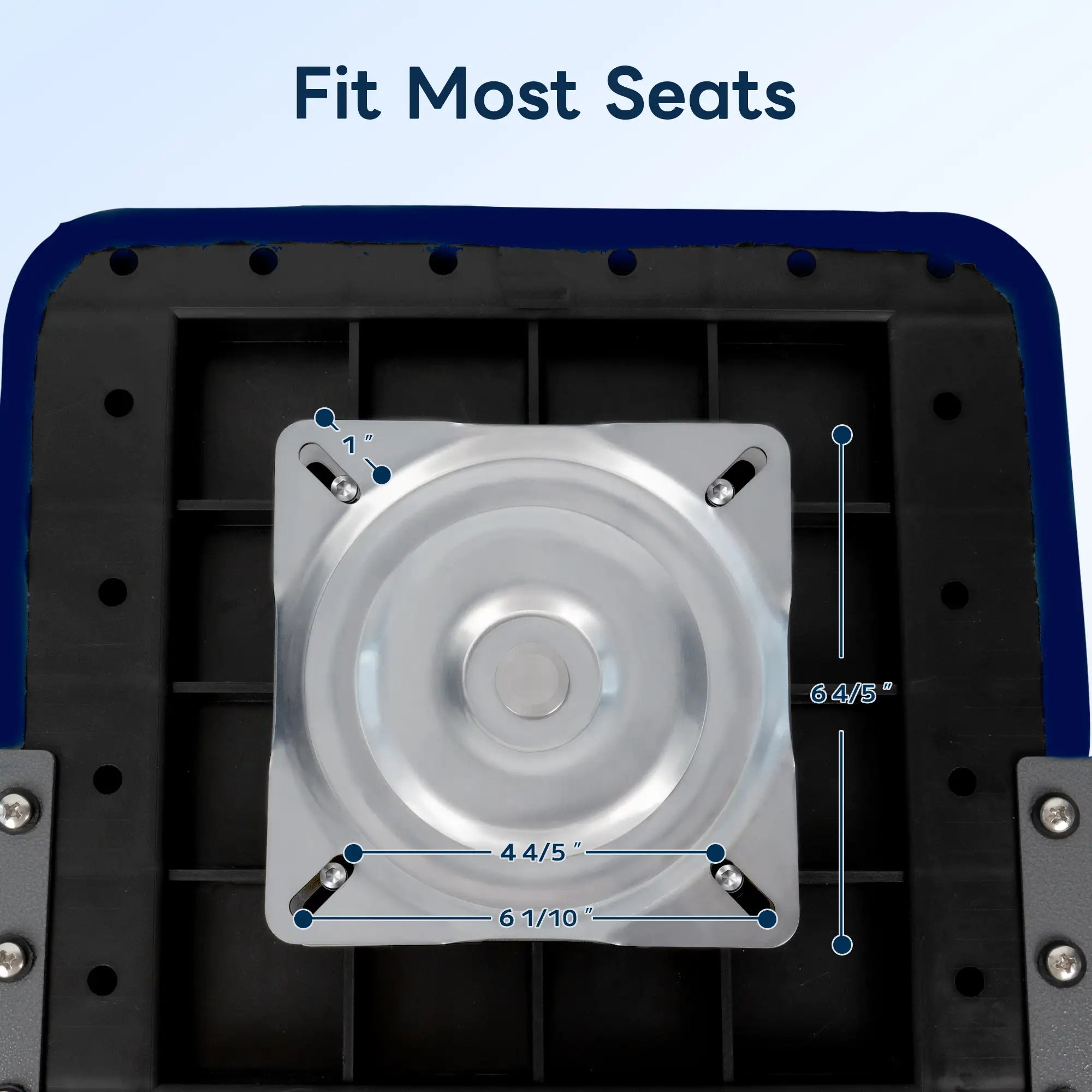 Technical dimension drawing of marinexplore boat seat swivel mount showing universal fit with adjustable bolt pattern from 4.75 inches to 6.1 inches on a seat bottom.