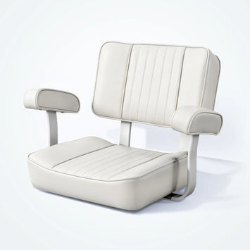 Front view of a white captain's boat seat with padded armrests, a high backrest, and vertical channel stitching.