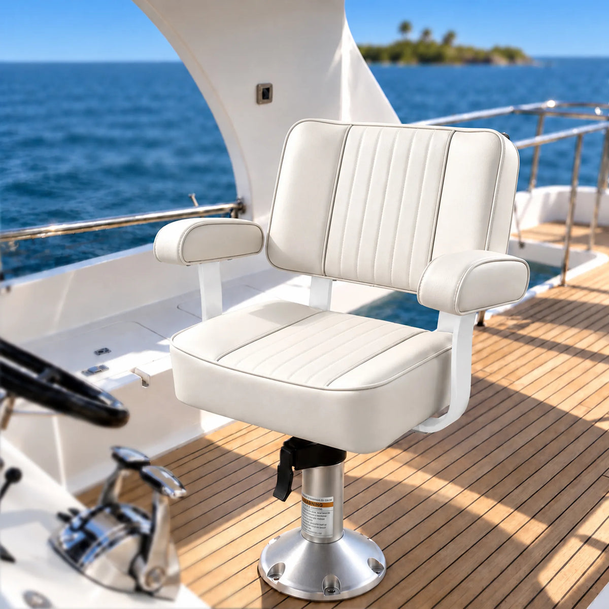 White captain's boat seat with padded armrests mounted on a pedestal beside the helm on a motorboat.